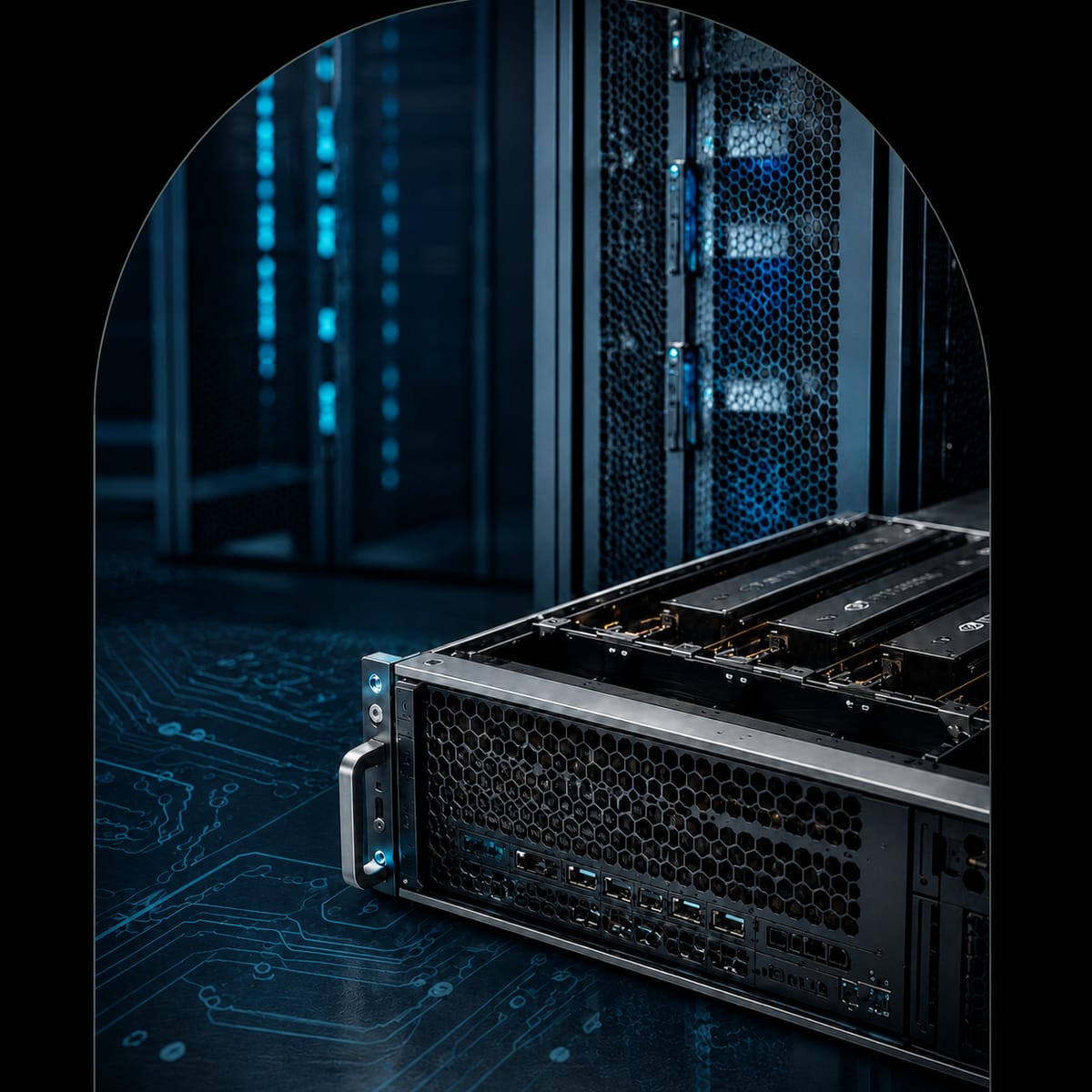GPU server chassis in a dark datacenter aisle